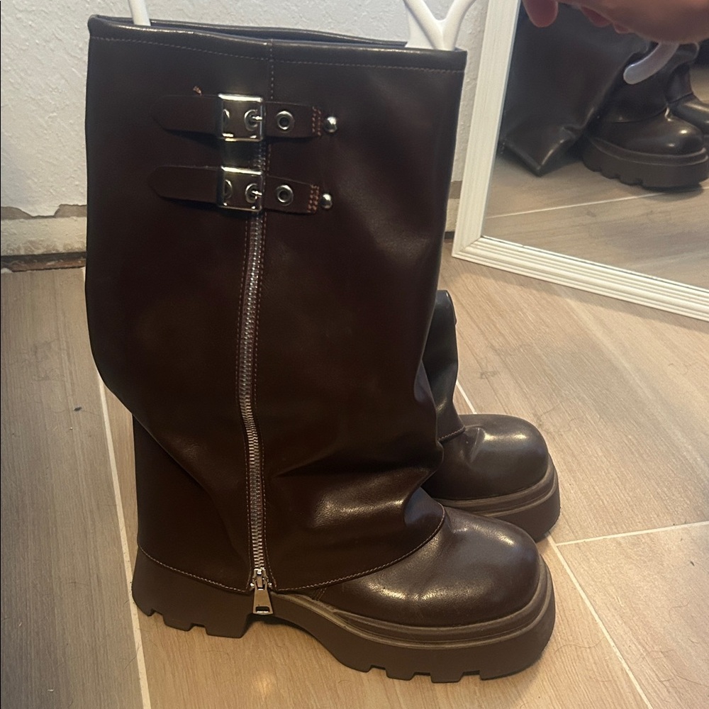 Brown Leather Boots with Buckle Detail